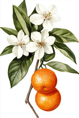 Oranges and blossoms, mandarines watercolor illustration fot greeting cards, wedding cards design, branding. Citrus.
