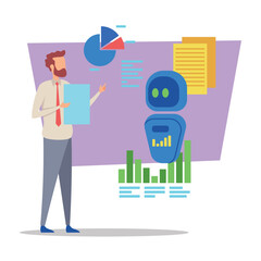 Businessman standing confidently holding document while presenting data visualizations and friendly robot displaying analytics
