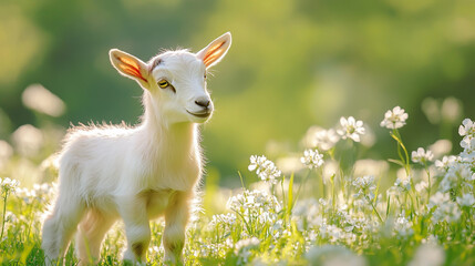 Obraz premium A baby goat standing gracefully on lush green grass, surrounded by delicate white flowers in a serene, sunny meadow