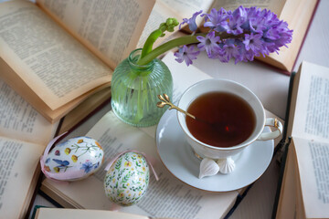 Easter still life with painted eggs and hyacinth.