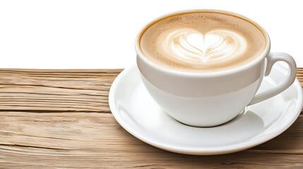 Warm Latte with Heart Design in White Cup on Wooden Table Surface Against White Background