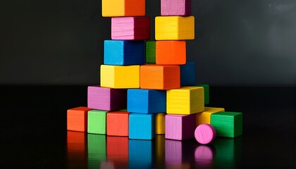 A collection of colorful blocks arranged in a pyramid shape on a black reflective surface.