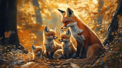 Fox Family in Autumn Forest - A Stunning Artwork