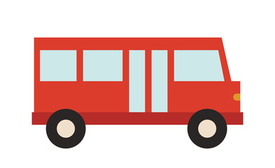 Simple red bus in a flat minimalist style with black wheels and blue windows on a white background. Concept of transportation, public transit, and travel. Vector illustration