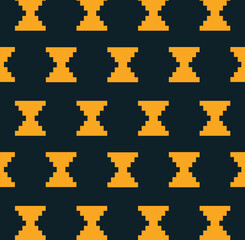 Seamless geometric pattern in pixel art style with yellow hourglass shapes on a dark background. The design gives a retro digital aesthetic. Vector illustration