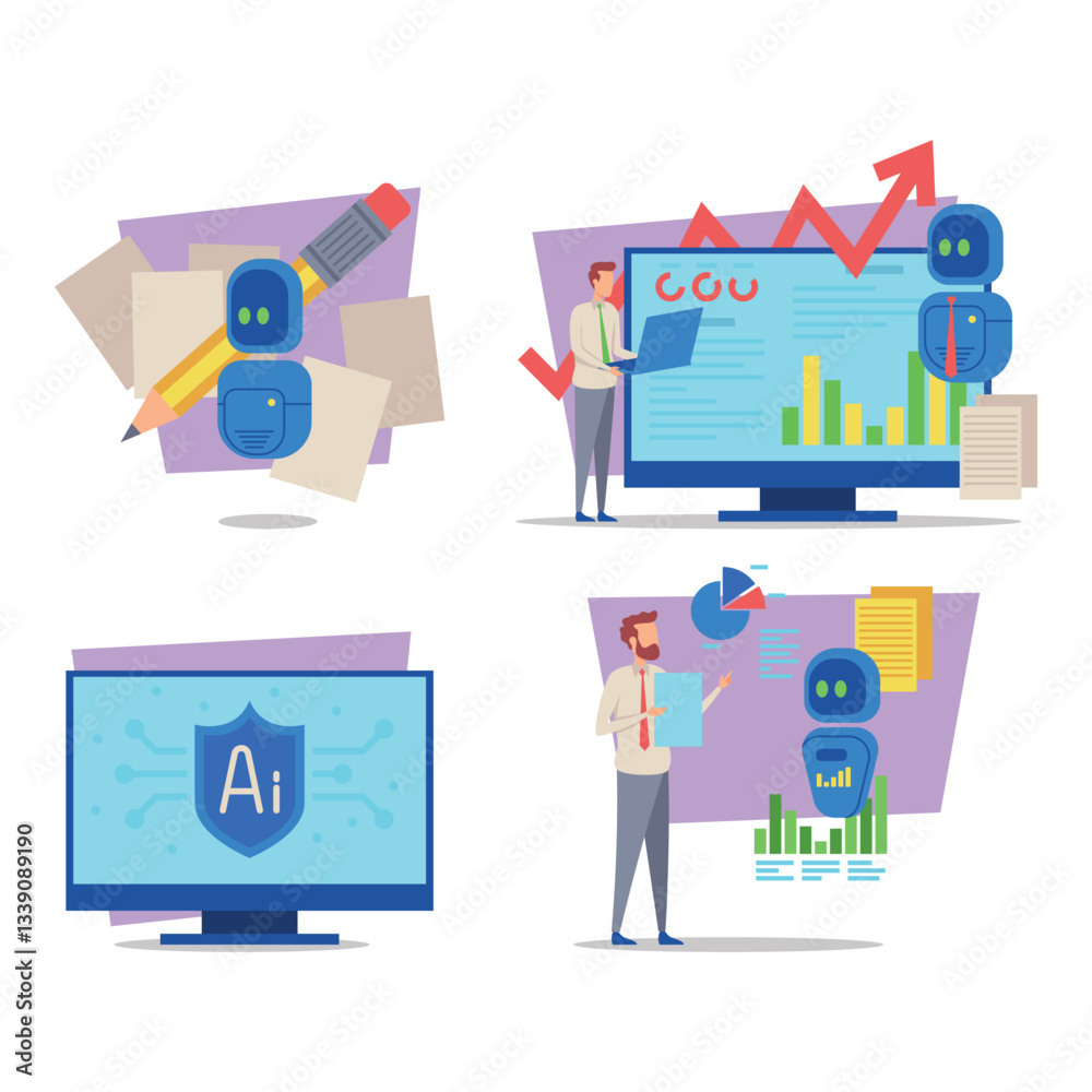 Poster collection of various uses of artificial intelligence, from data visualization to automated insights