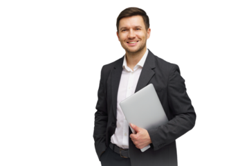 Professional man in business attire holding a laptop and smiling against a white background