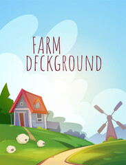 Naklejka premium Cartoon farm landscape with a small house on a green hill, a dirt path, sheep, and a windmill in the background. Bright sky with clouds and sun. Rural countryside scene. Vector illustration