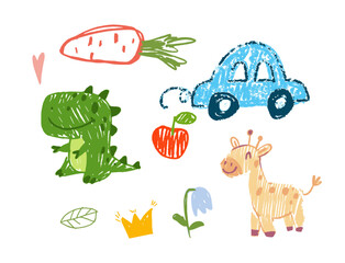 Colorful hand-drawn doodles featuring a dinosaur, giraffe, carrot, apple, blue car, leaf, flower, heart, and crown on white background. Fun and playful children s design. Vector illustration