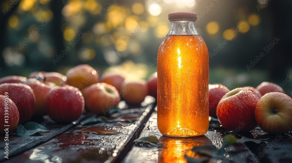 Aufkleber a glass bottle filled with shimmering apple juice is set amid ripe apples on a wooden table. the war