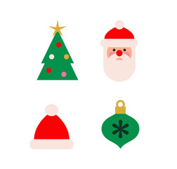 A set of minimalistic Christmas icons featuring a decorated tree, Santa Claus face, red Santa hat, and green ornament. Holiday-themed elements on a white background. Vector illustration