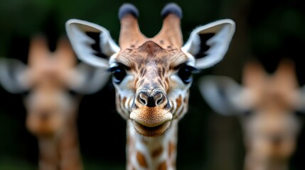 Close up portrait of giraffe face showing distinctive spots and long eyelashes against blurred background, capturing curious expression and unique facial features.