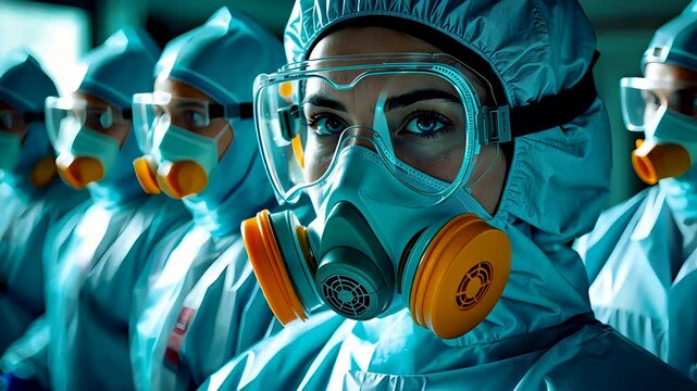 Closeup of medical workers wearing protective hazmat suits and respirators standing in line under clinical lighting

