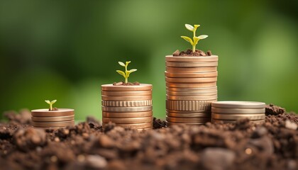 coins stacked in soil, small plants growing from coins, financial growth concept, macro photography, shallow depth of field, blurred background, golden coins