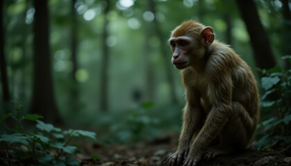 Obraz premium A monkey sits pensively in the rainforest, surrounded by a lush green bokeh created using Generative AI, capturing the moody atmosphere of the jungle.