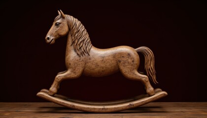 A beautifully crafted wooden rocking chair shaped like a horse, featuring intricate hand carved details and a rich, dark background that adds depth and contrast to the piece.