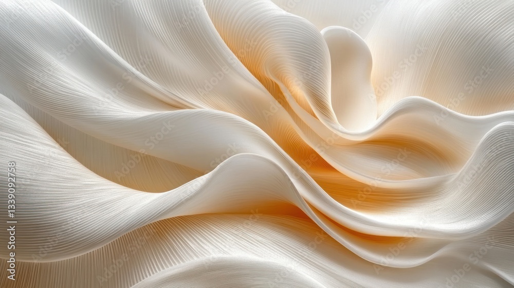 Poster abstract image of flowing, creamy white and peach fabric with soft, undulating folds and textures.