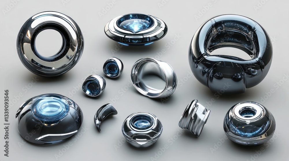 Poster abstract metallic objects with glowing blue centers, arranged on a light gray background.