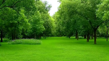 Obraz premium Lush Green Park Landscape with Vibrant Trees and Blooming Wildflowers Under Bright Blue Sky