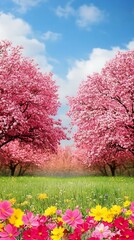 Fototapeta premium Expansive field of colorful flowers interspersed with tall trees in a serene natural landscape