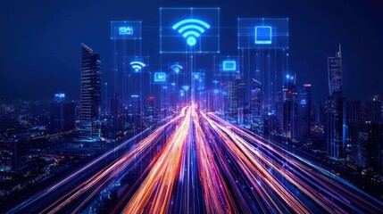 Obraz premium Futuristic Cityscape with Digital Connectivity and Traffic Lights