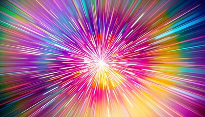 Obraz premium Vibrant colorful starburst, radial rainbow explosion, abstract light rays, psychedelic color spectrum, dynamic burst of colors, kaleidoscopic pattern, high energy cosmic design, multicolored streaks