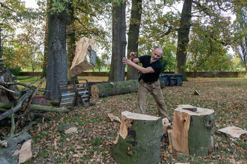 Strong man throwing heavy firewood in autumn forest.
