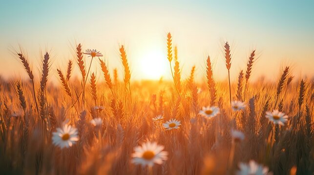 Golden wheat field with wild daisies at sunset, sun rays streaming through stalks creating magical warm atmosphere in rural countryside landscape.