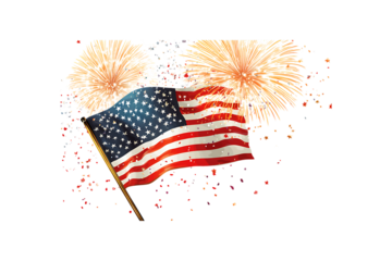 Fourth of July Fireworks with American Flag, Independence Day Celebration on transparent background