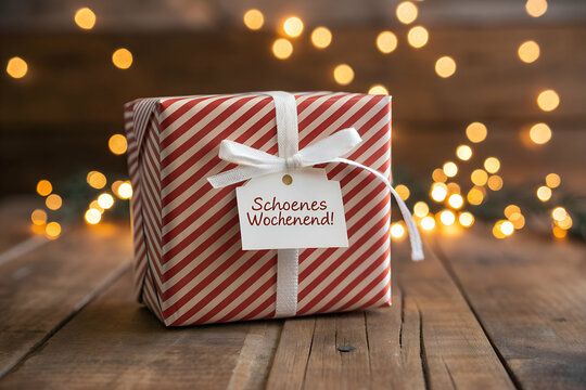Schoenes wochenende Geschenk mit rotem Band und Lichterdekoration auf Holz
