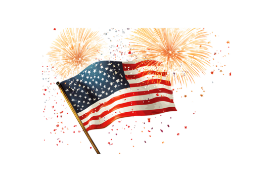 Fourth of July Fireworks with American Flag, Independence Day Celebration on transparent background