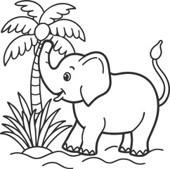 Obraz premium Adorable Baby Elephant Under a Palm Tree in a Tropical Setting