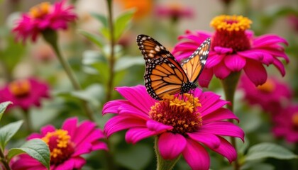Obraz premium A vibrant Monarch butterfly delicately lands on a bright pink zinnia flower in a sun drenched garden
