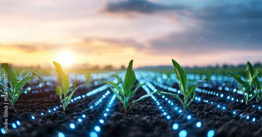 Poster rows of young crops thrive in an agricultural field illuminated by blue light technology. the sunset