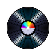 Long play vinyl record with rainbow half paper label in the middle. Vector isolated on white background.	