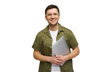 Professional man smiling while holding a laptop in a studio setting, showing confidence and readiness