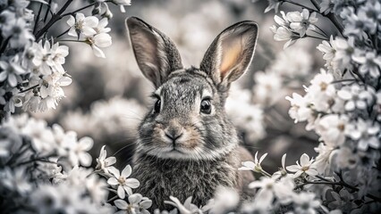 Obraz premium Black and White Portrait of a Rabbit Amidst Flowers