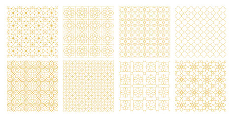 Collection of Arabic geometric mosaic printable seamless pattern with abstract Moroccan print in gold colors. Ramadan Kareem Traditional Islamic art Illustration background