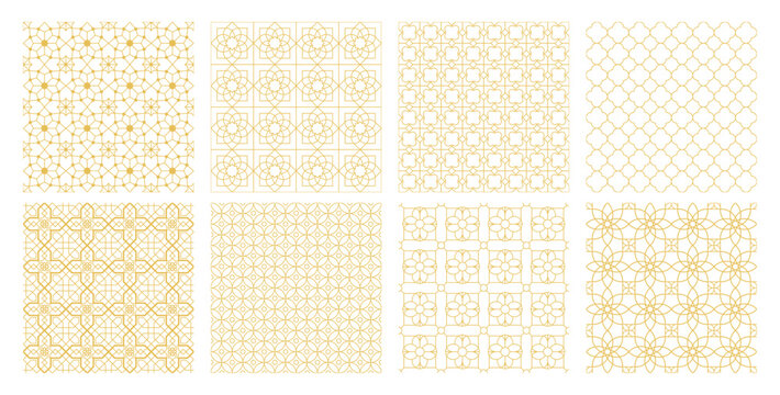 Collection of Arabic geometric mosaic printable seamless pattern with abstract Moroccan print in gold colors. Ramadan Kareem Traditional Islamic art Illustration background