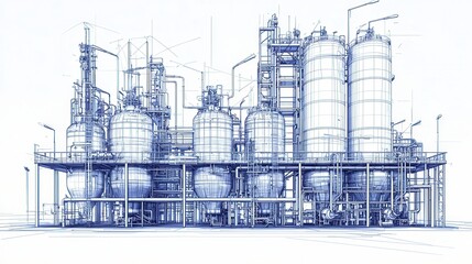 Modern biorefinery equipment innovative clean line drawing in eco-friendly industrial setting