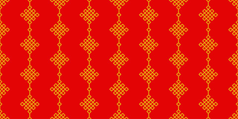 Geometric Asian line art seamless pattern with oriental traditional shapes flowers ornament, waves. Red and gold Japanese print for lunar chinese new year decoration. Luxury retro vector illustration