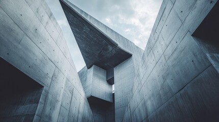 Abstract modern concrete architecture, geometric shapes, low angle view, sky.