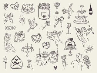 Set of whimsical hand-drawn love aesthetic illustartion in trendy vintage style. Perfect for quirky wedding holiday, dinner and bar menu, bachelorette party, birthday invitation, sign