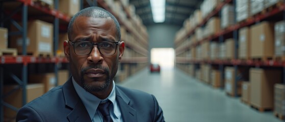 Confident man in formal attire stands in vast warehouse surrounded by stacked boxes, showcasing professionalism and focus