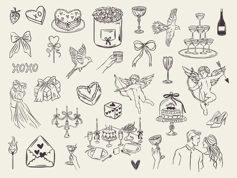 Set of whimsical hand-drawn love aesthetic illustartion in trendy vintage style. Perfect for quirky wedding holiday, dinner and bar menu, bachelorette party, birthday invitation, sign