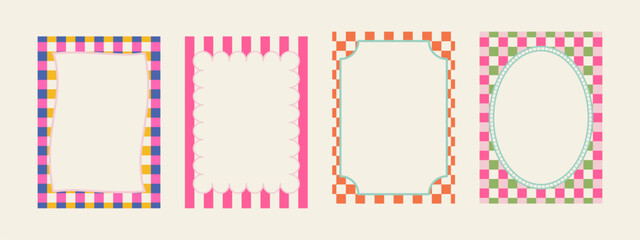 Set of spring whimsical hand-drawn pink blue orange green color frames with wavy stripes and line in trendy, vintage styles. Perfect for quirky holiday, wedding, birthday gift decorations.