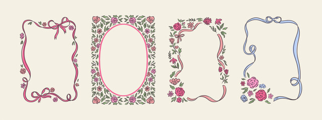 Set of spring whimsical hand-drawn pink blue orange green color frames with flowers and bows in trendy, vintage styles. Perfect for quirky holiday, wedding, birthday gift decorations.