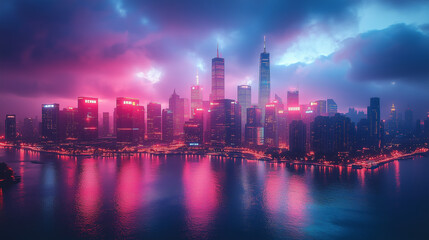 Fototapeta premium Futuristic city skyline at sunset with neon reflections on water. A cyberpunk-inspired metropolis glowing in blue and red hues, radiating sci-fi energy.