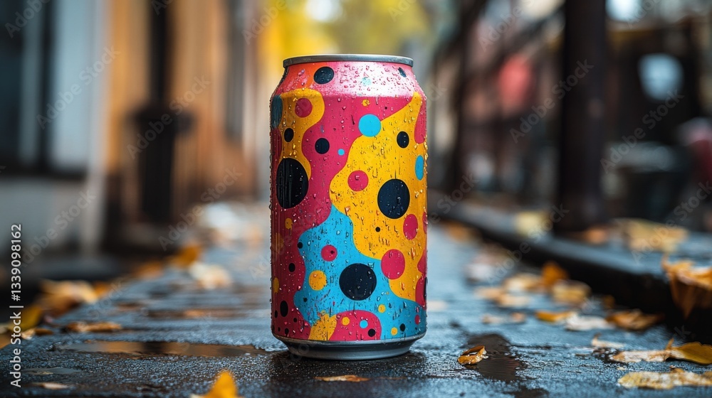 Poster a vibrant beverage can featuring a colorful design sits on a wet pavement, surrounded by fallen autu