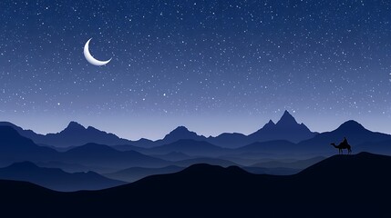 Fototapeta premium Desert night scene with a crescent moon and a camel